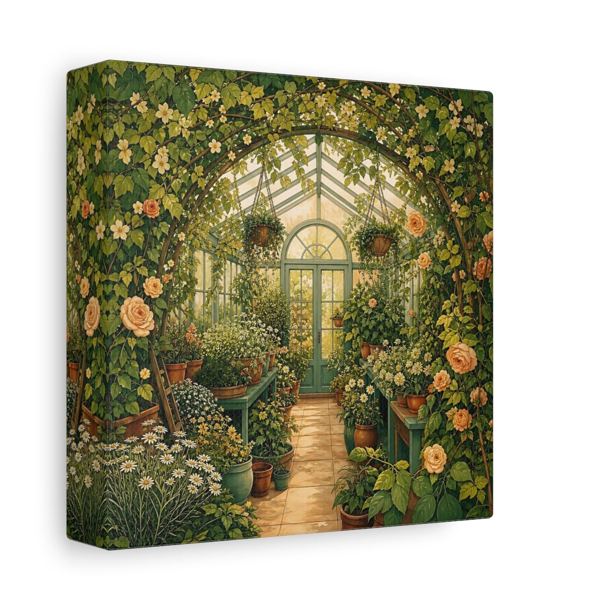 Side Mockup 2. Floral Greenhouse Greenhouse Garden shown as stretched canvas wall art
