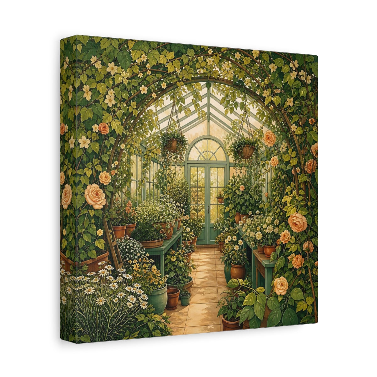 Side Mockup 9. Floral Greenhouse Greenhouse Garden shown as stretched canvas wall art