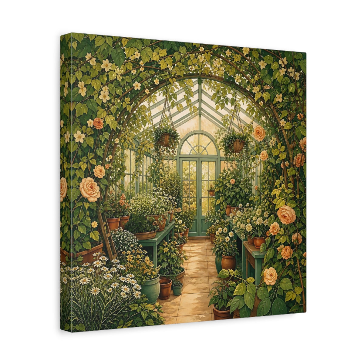 Side Mockup 7. Floral Greenhouse Greenhouse Garden shown as stretched canvas wall art