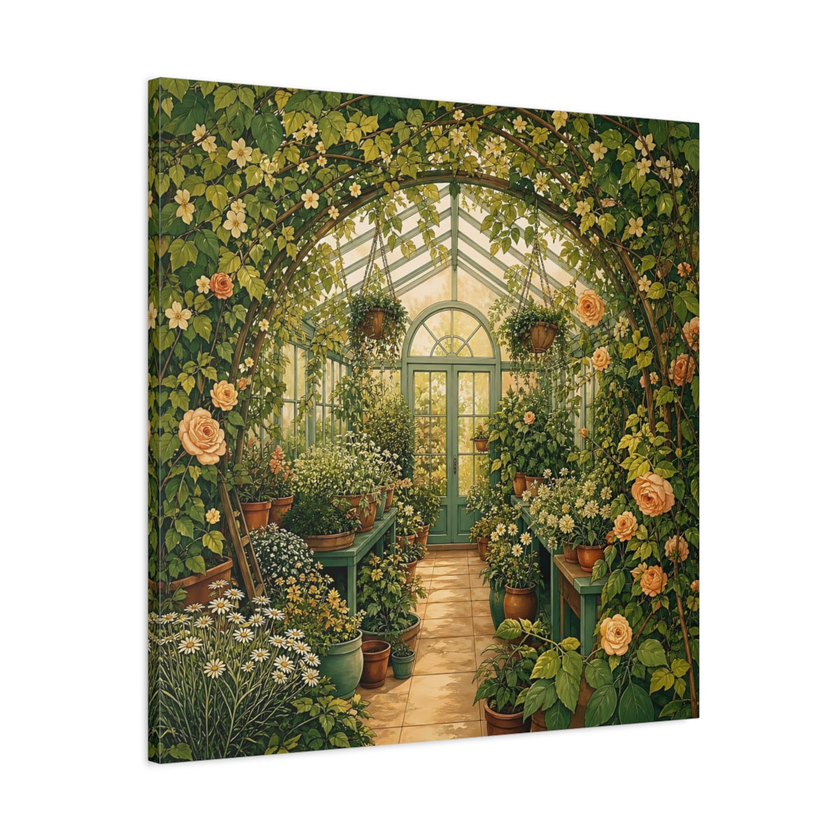 Side Mockup 3. Floral Greenhouse Greenhouse Garden shown as stretched canvas wall art