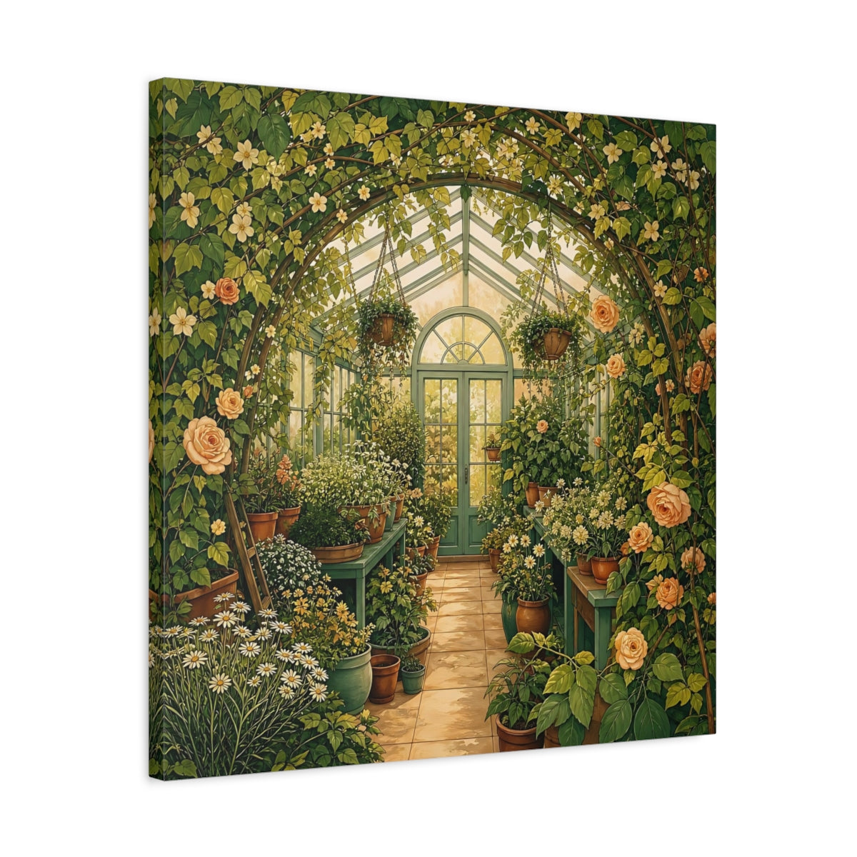 Side Mockup 4. Floral Greenhouse Greenhouse Garden shown as stretched canvas wall art