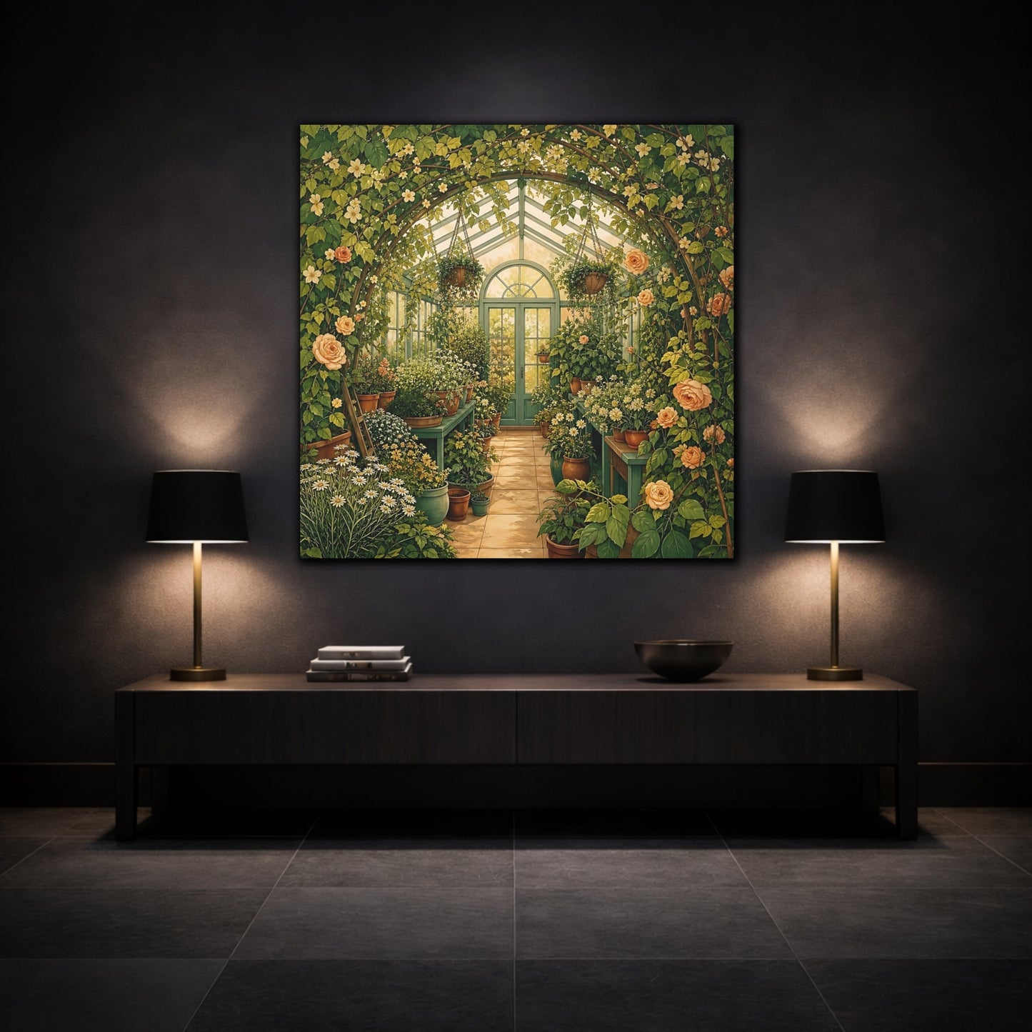 Mockup 3. Floral Greenhouse Greenhouse Garden shown as stretched canvas wall art