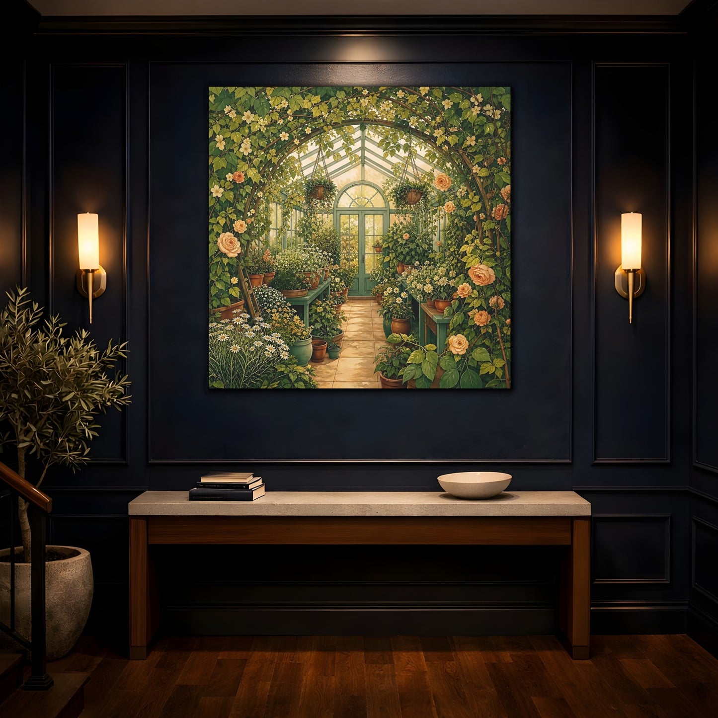 Mockup 4. Floral Greenhouse Greenhouse Garden shown as stretched canvas wall art