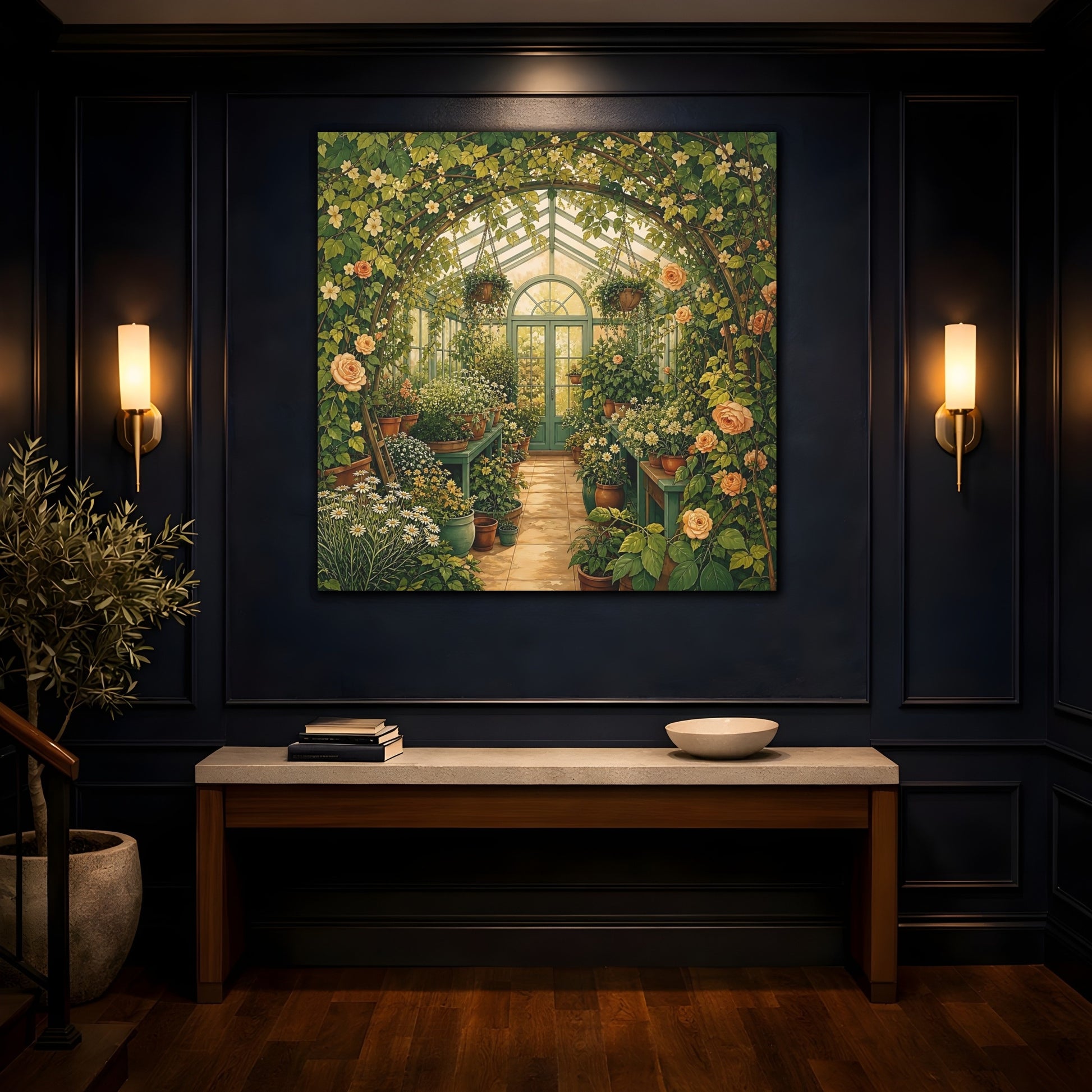 Mockup 4. Floral Greenhouse Greenhouse Garden shown as stretched canvas wall art