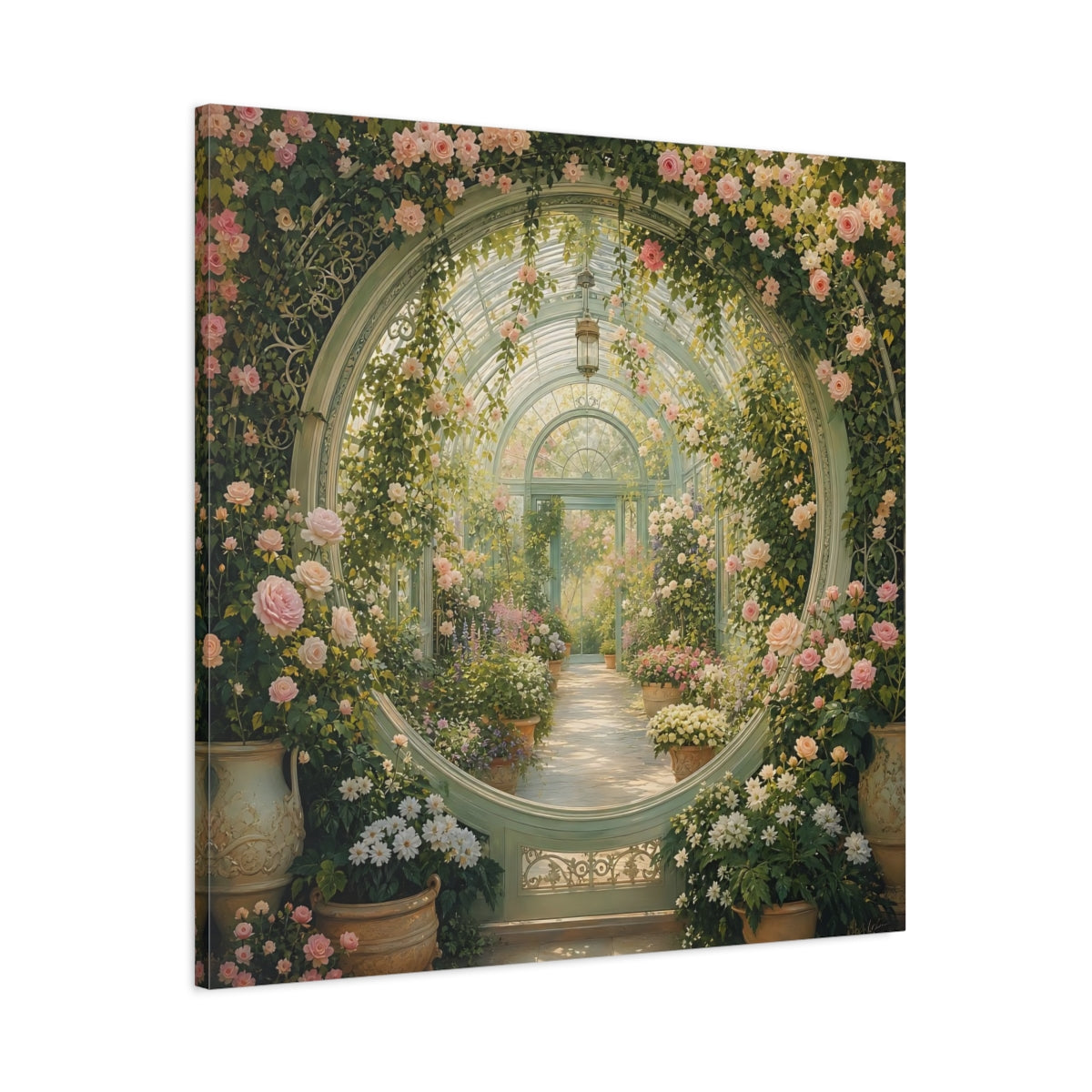 Main Mockup. Floral Greenhouse Greenhouse Rose Garden shown as stretched canvas wall art