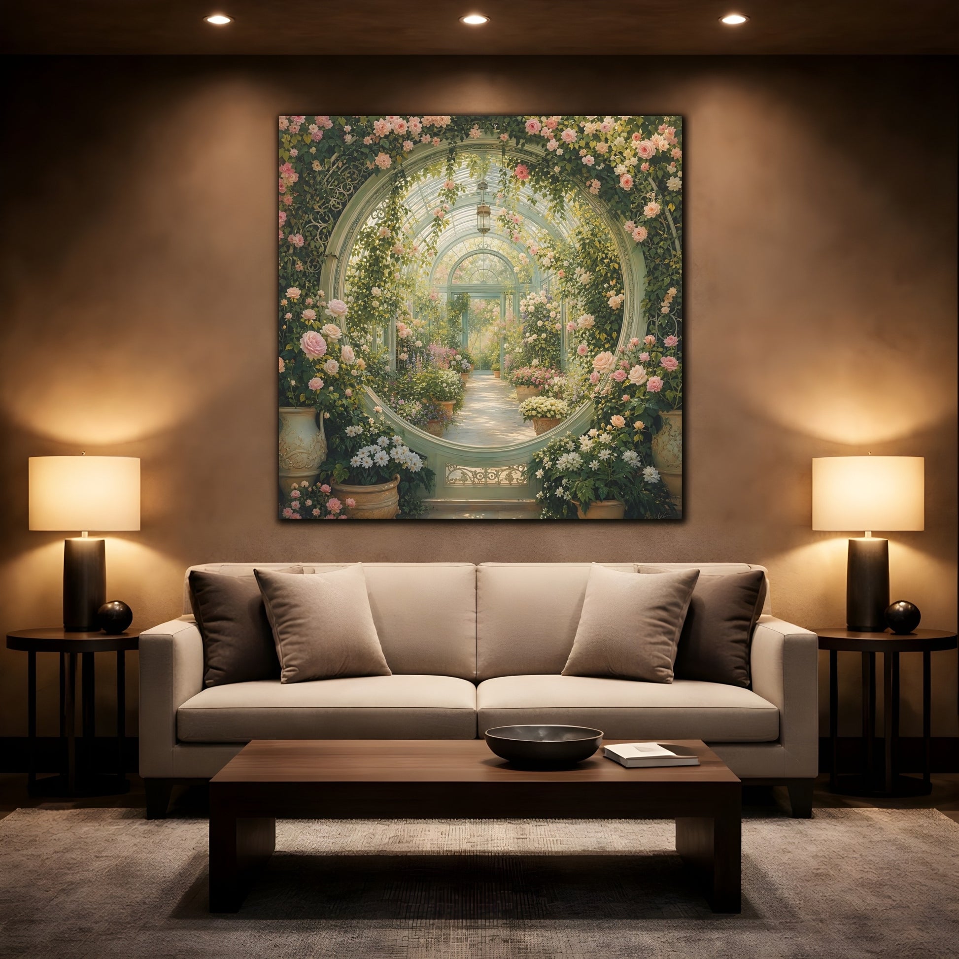Mockup 2. Floral Greenhouse Greenhouse Rose Garden shown as stretched canvas wall art