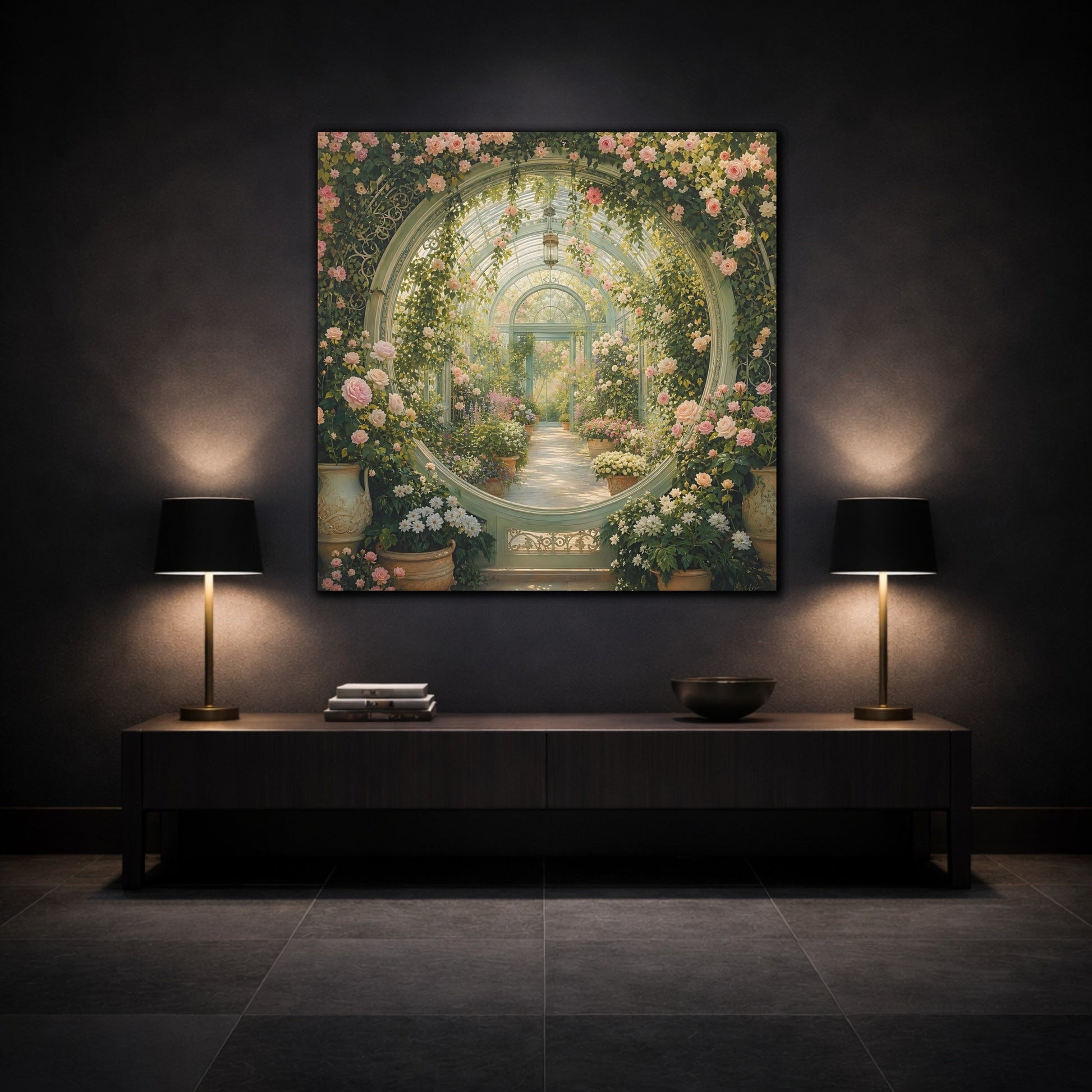 Mockup 3. Floral Greenhouse Greenhouse Rose Garden shown as stretched canvas wall art