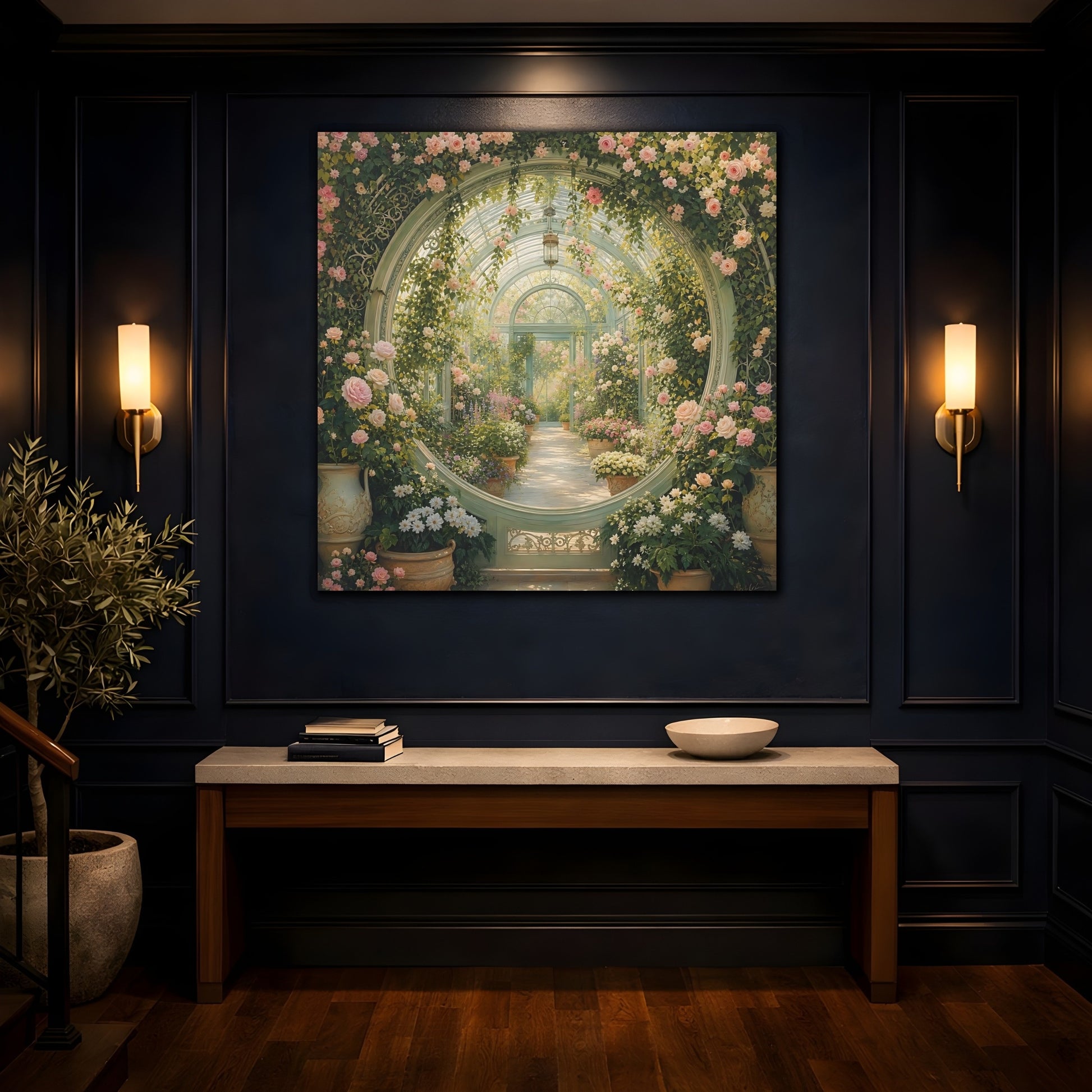 Mockup 4. Floral Greenhouse Greenhouse Rose Garden shown as stretched canvas wall art