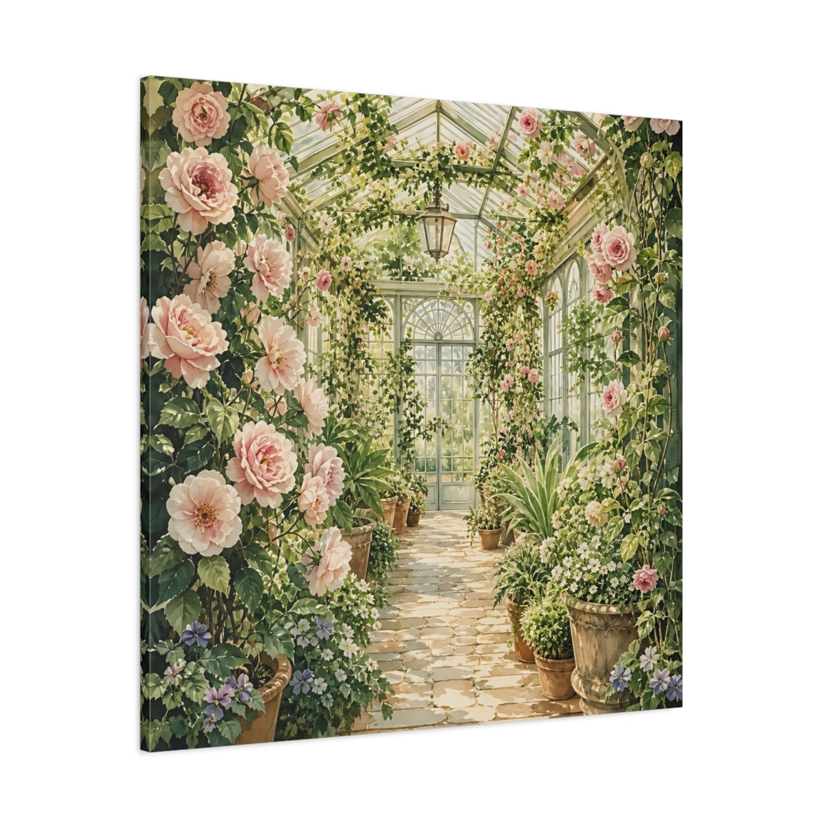 Side Mockup 1. Floral Floral Greenhouse Pink And Green Floral shown as stretched canvas wall art