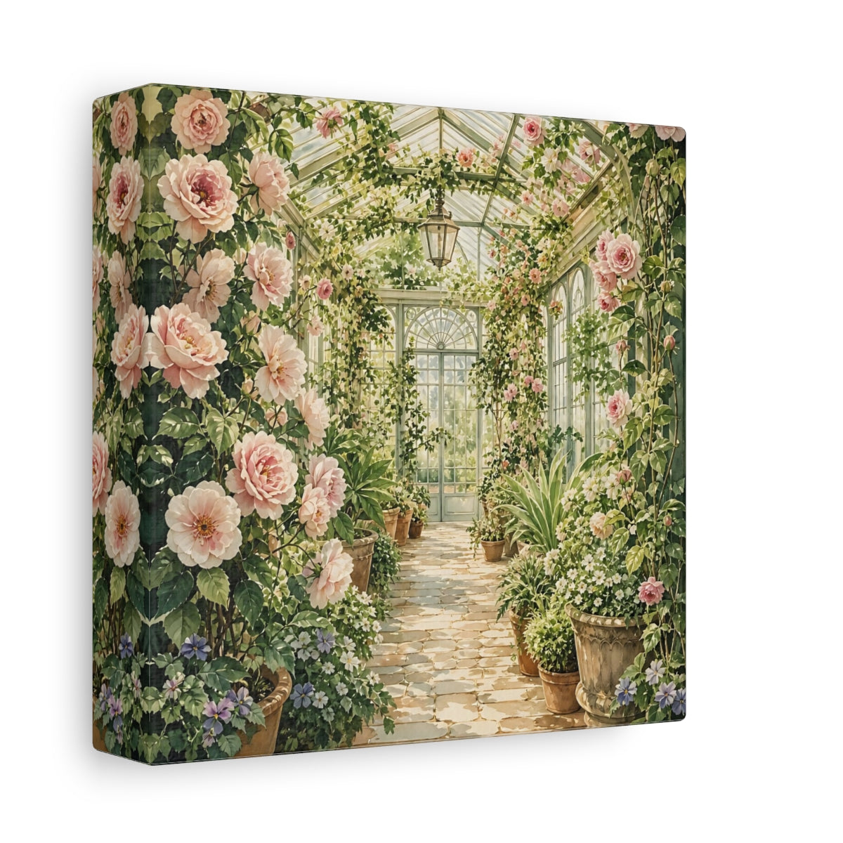 Side Mockup 2. Floral Floral Greenhouse Pink And Green Floral shown as stretched canvas wall art