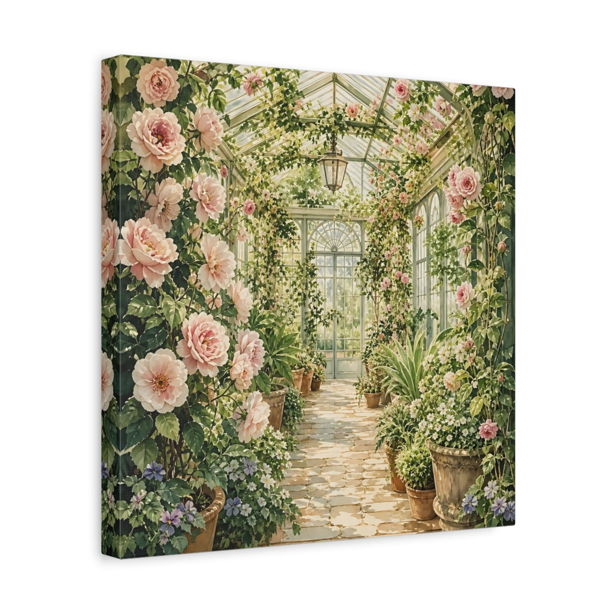 Side Mockup 7. Floral Floral Greenhouse Pink And Green Floral shown as stretched canvas wall art