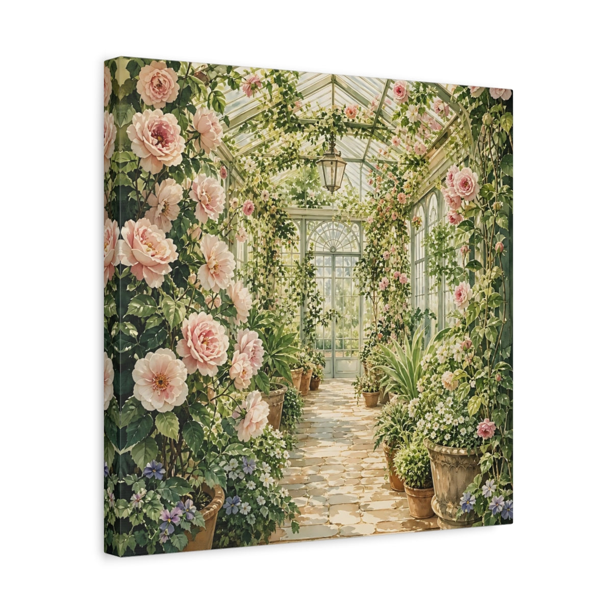 Side Mockup 6. Floral Floral Greenhouse Pink And Green Floral shown as stretched canvas wall art