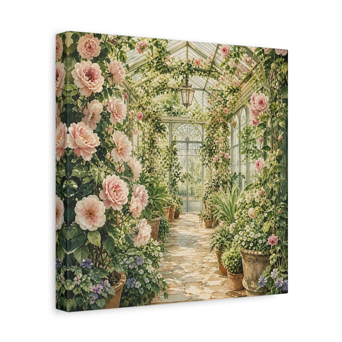 Side Mockup 8. Floral Floral Greenhouse Pink And Green Floral shown as stretched canvas wall art