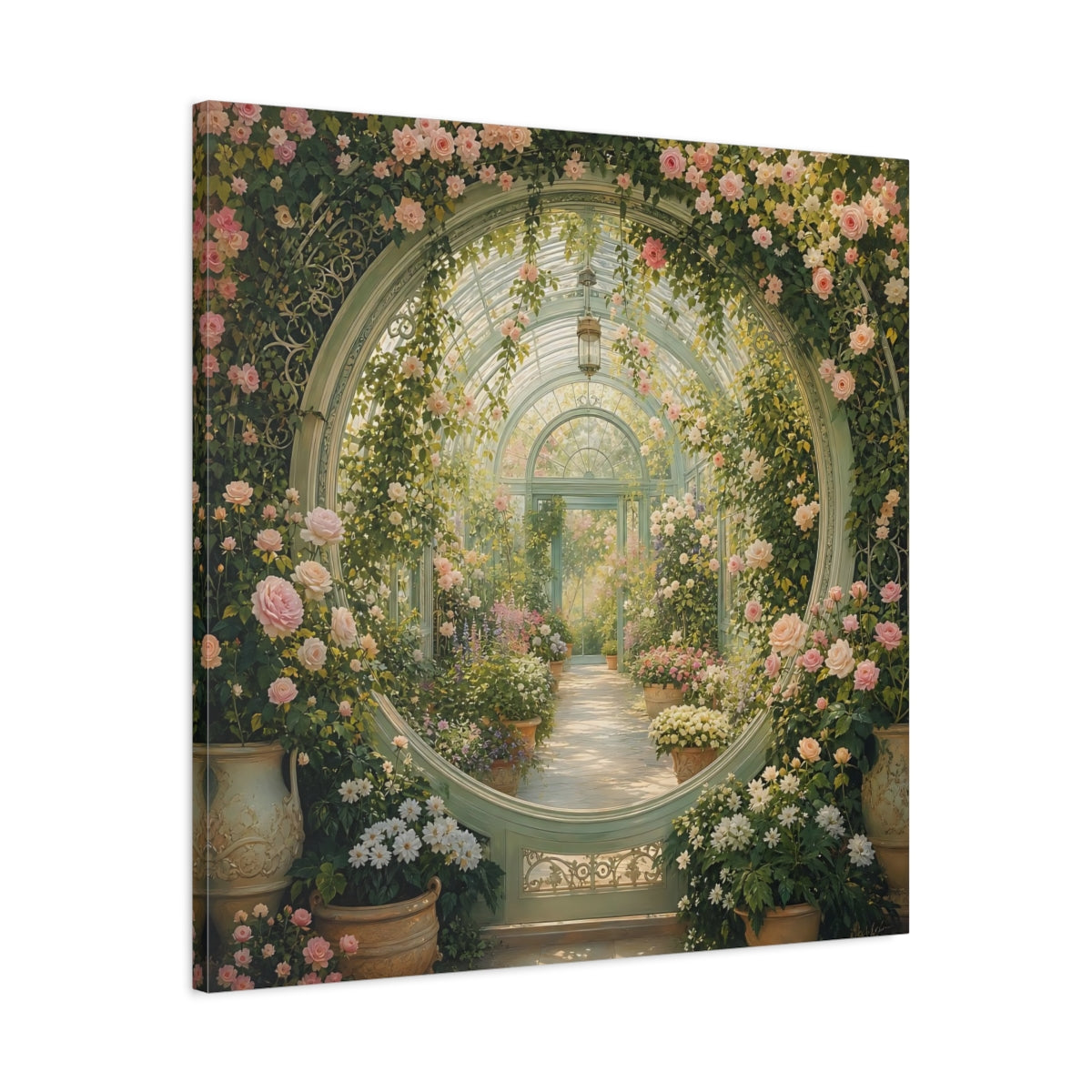 Side Mockup 3. Floral Greenhouse Greenhouse Rose Garden shown as stretched canvas wall art