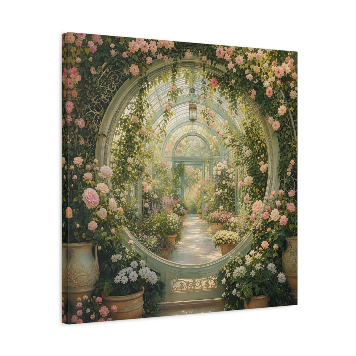 Side Mockup 4. Floral Greenhouse Greenhouse Rose Garden shown as stretched canvas wall art