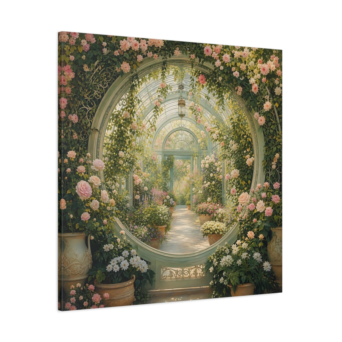 Side Mockup 1. Floral Greenhouse Greenhouse Rose Garden shown as stretched canvas wall art