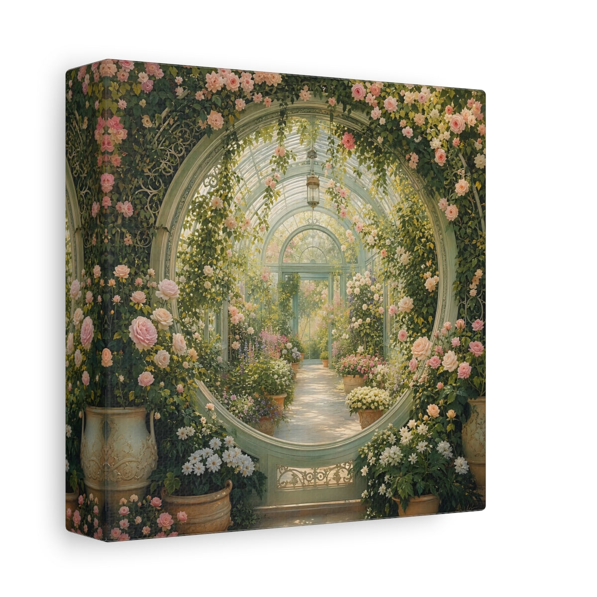 Side Mockup 2. Floral Greenhouse Greenhouse Rose Garden shown as stretched canvas wall art