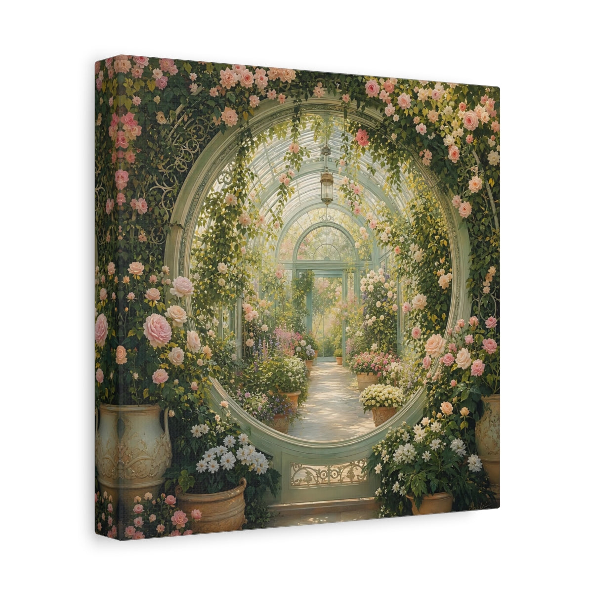 Side Mockup 9. Floral Greenhouse Greenhouse Rose Garden shown as stretched canvas wall art