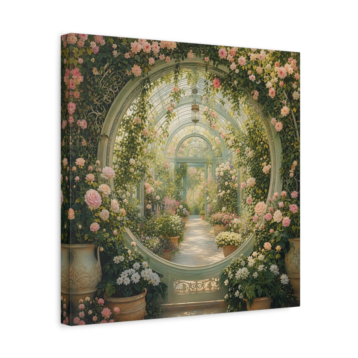 Side Mockup 6. Floral Greenhouse Greenhouse Rose Garden shown as stretched canvas wall art