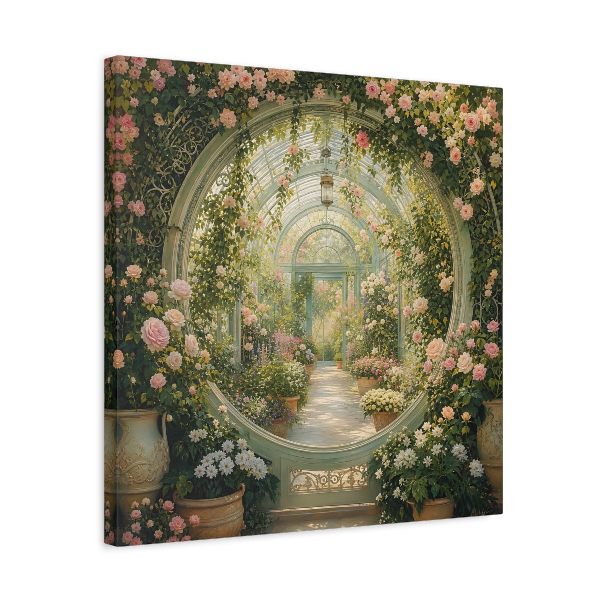 Side Mockup 5. Floral Greenhouse Greenhouse Rose Garden shown as stretched canvas wall art