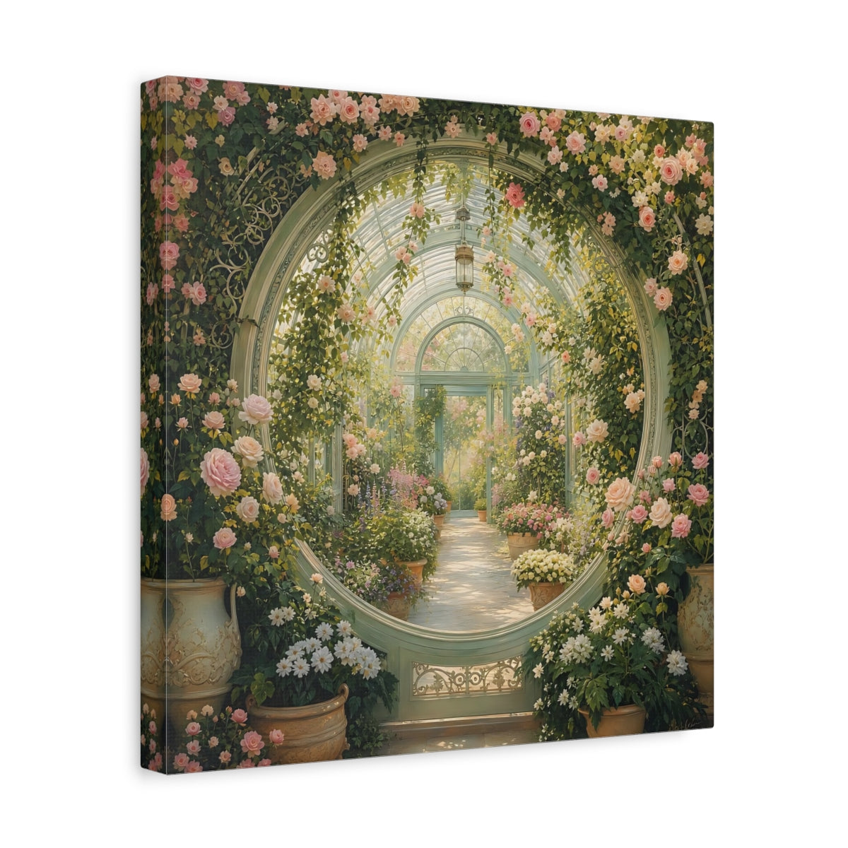 Side Mockup 7. Floral Greenhouse Greenhouse Rose Garden shown as stretched canvas wall art