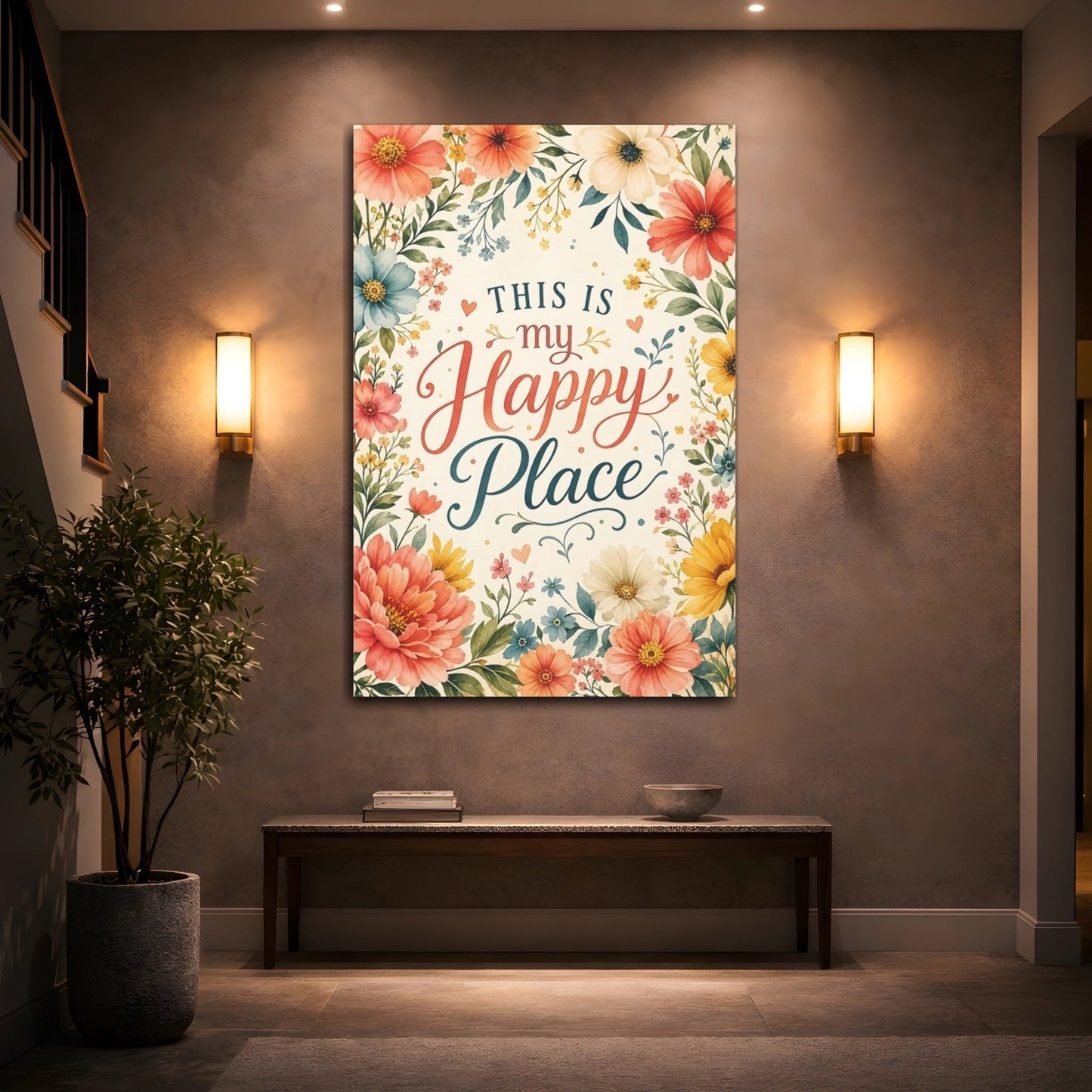 Floral Happy Place Quote Colorful Canvas Wall Art Print – Watercolor Living Room, Above Console Table - YesArtYes