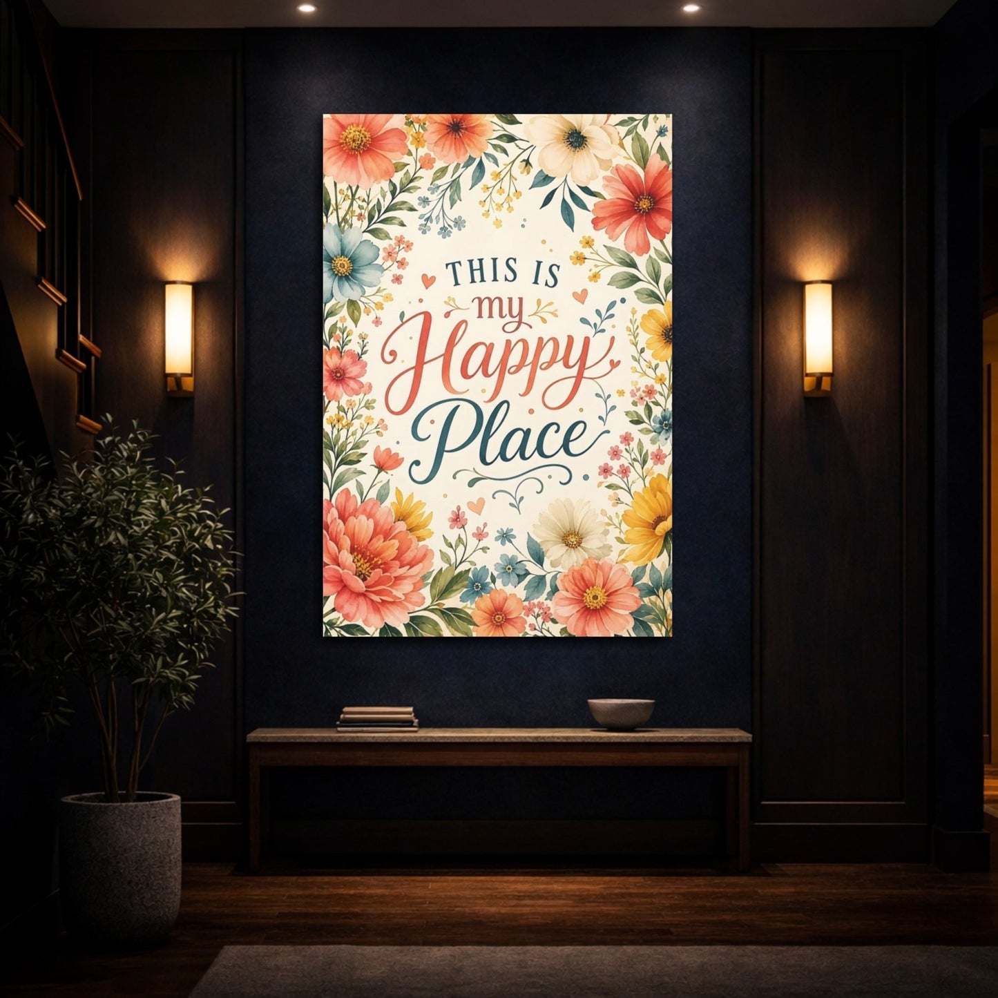 Floral Happy Place Quote Colorful Canvas Wall Art Print – Watercolor Living Room, Above Console Table - YesArtYes