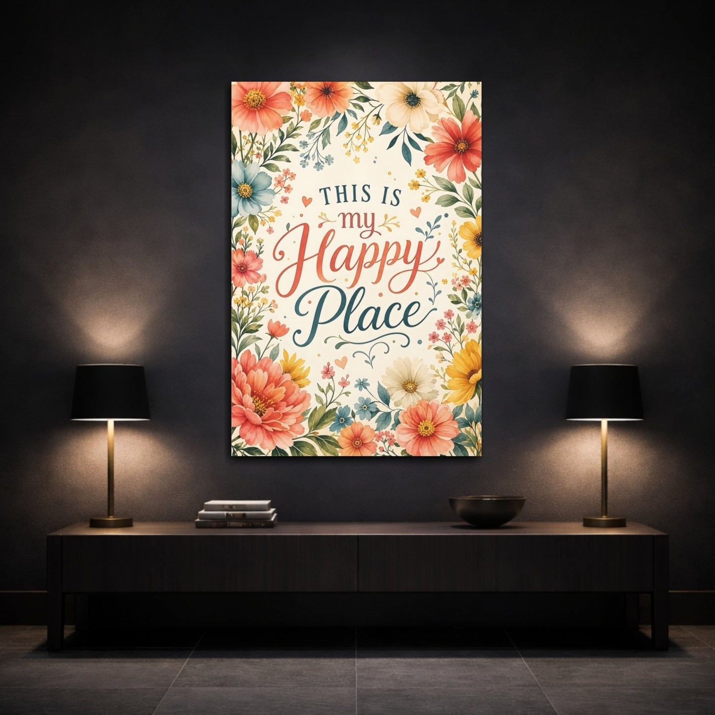 Floral Happy Place Quote Colorful Canvas Wall Art Print – Watercolor Living Room, Above Console Table - YesArtYes