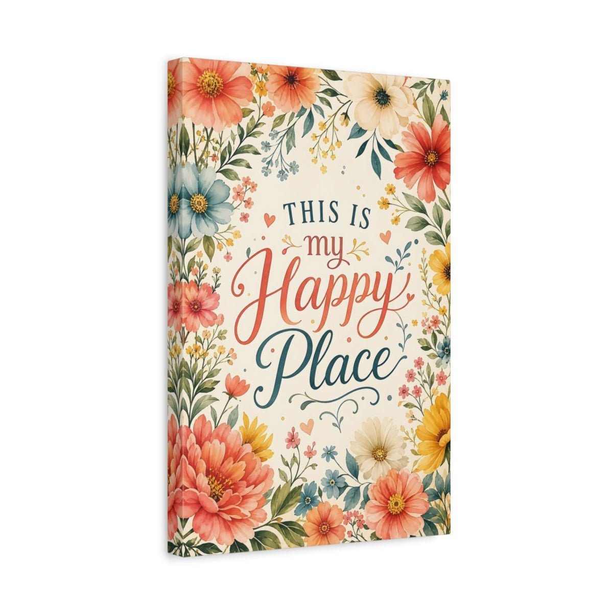 Floral Happy Place Quote Colorful Canvas Wall Art Print – Watercolor Living Room, Above Console Table - YesArtYes