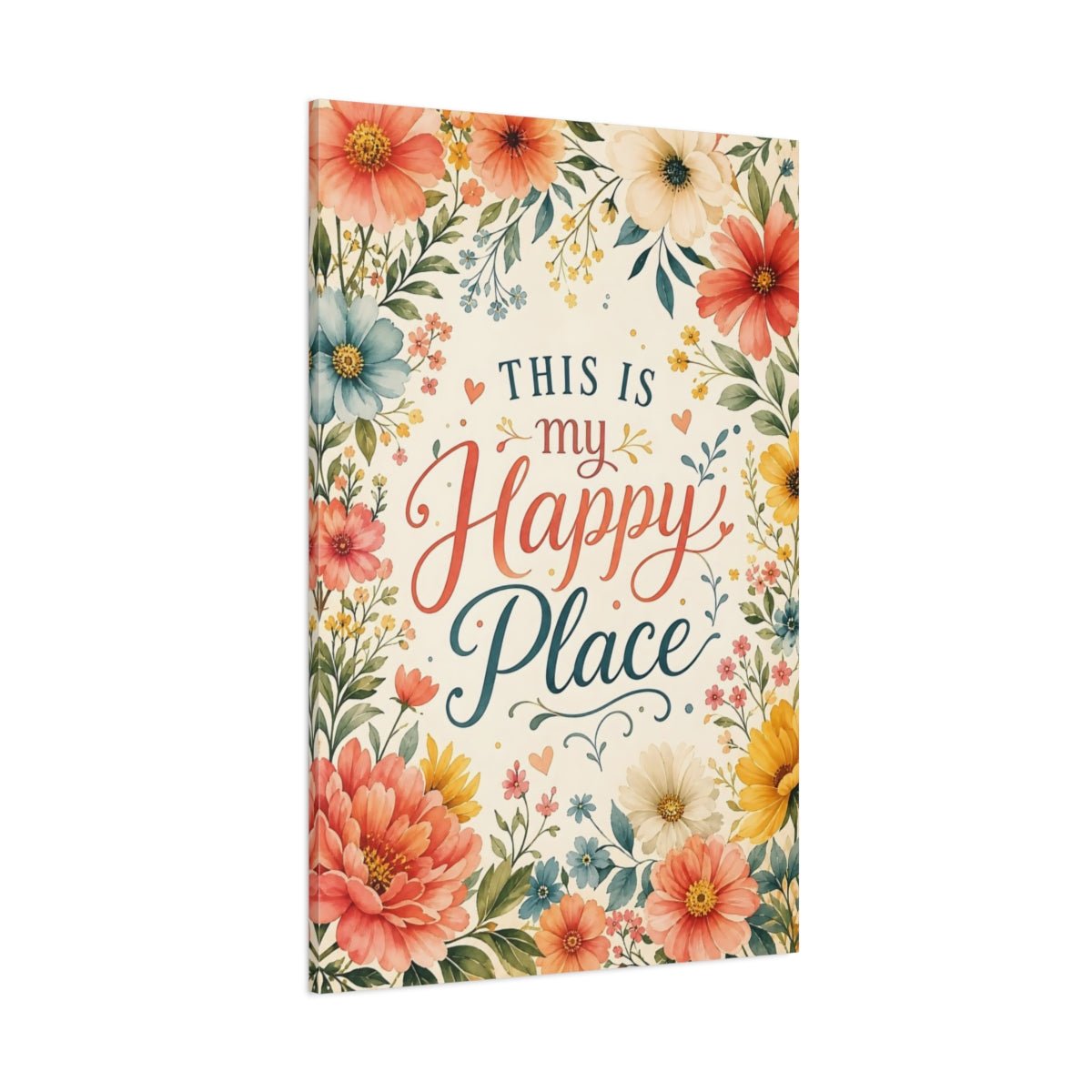 Floral Happy Place Quote Colorful Canvas Wall Art Print – Watercolor Living Room, Above Console Table - YesArtYes