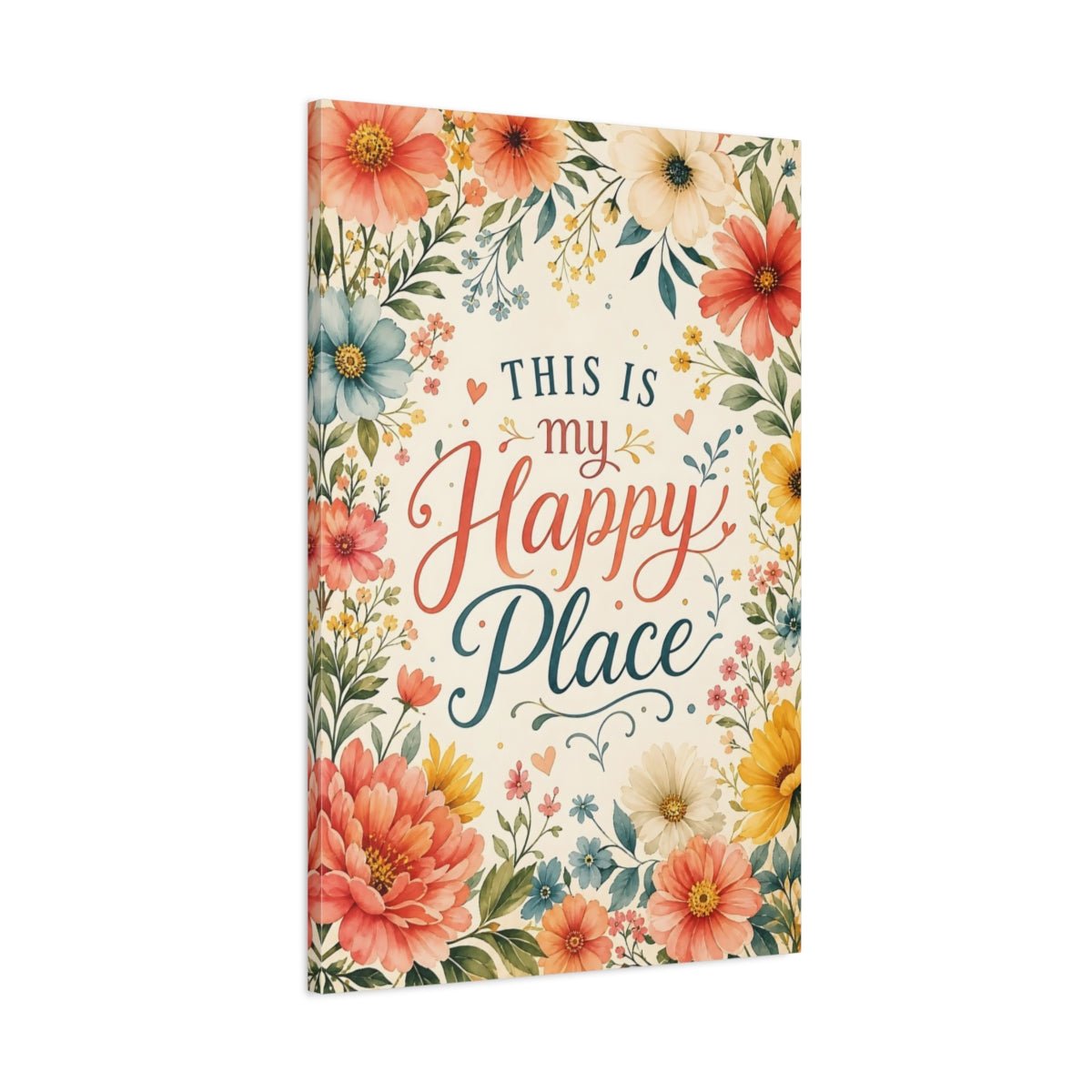 Floral Happy Place Quote Colorful Canvas Wall Art Print – Watercolor Living Room, Above Console Table - YesArtYes