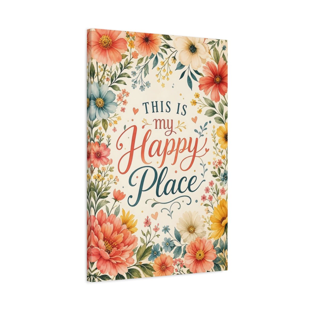 Floral Happy Place Quote Colorful Canvas Wall Art Print – Watercolor Living Room, Above Console Table - YesArtYes