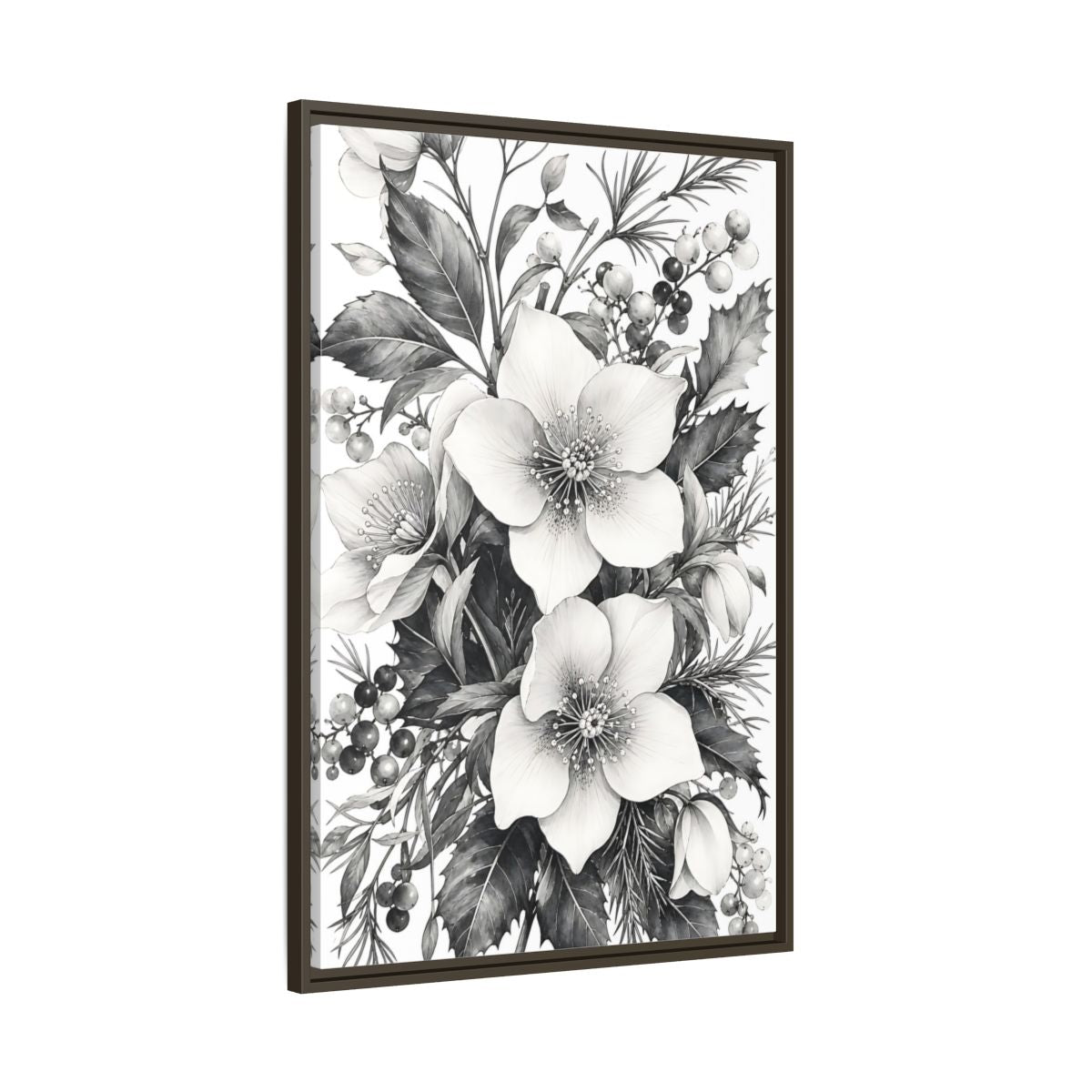 Main Mockup. Floral Hellebore Flowers Black And White Floral shown as framed canvas print