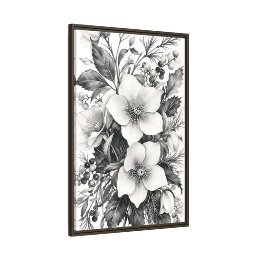 Main Mockup. Floral Hellebore Flowers Black And White Floral shown as framed canvas print