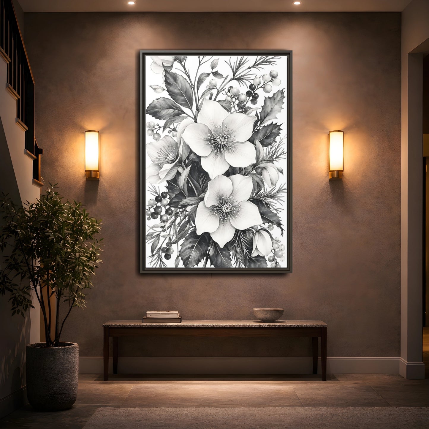 Mockup 2. Floral Hellebore Flowers Black And White Floral shown as framed canvas print