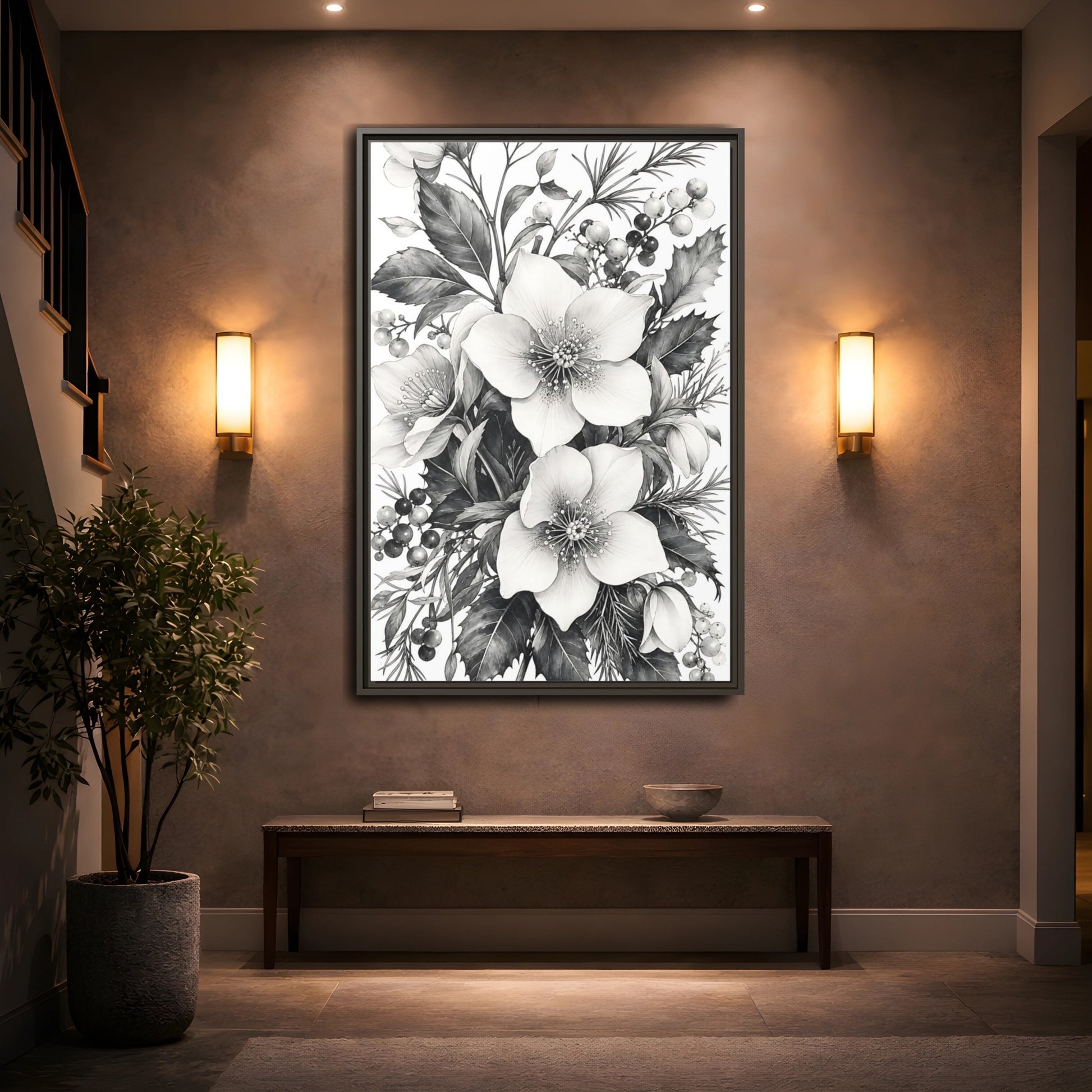Mockup 2. Floral Hellebore Flowers Black And White Floral shown as framed canvas print