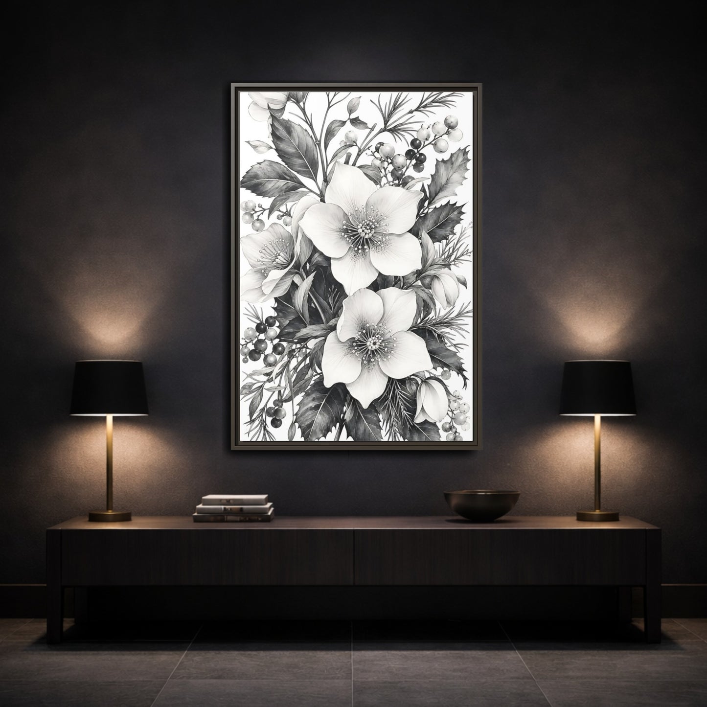 Mockup 3. Floral Hellebore Flowers Black And White Floral shown as framed canvas print