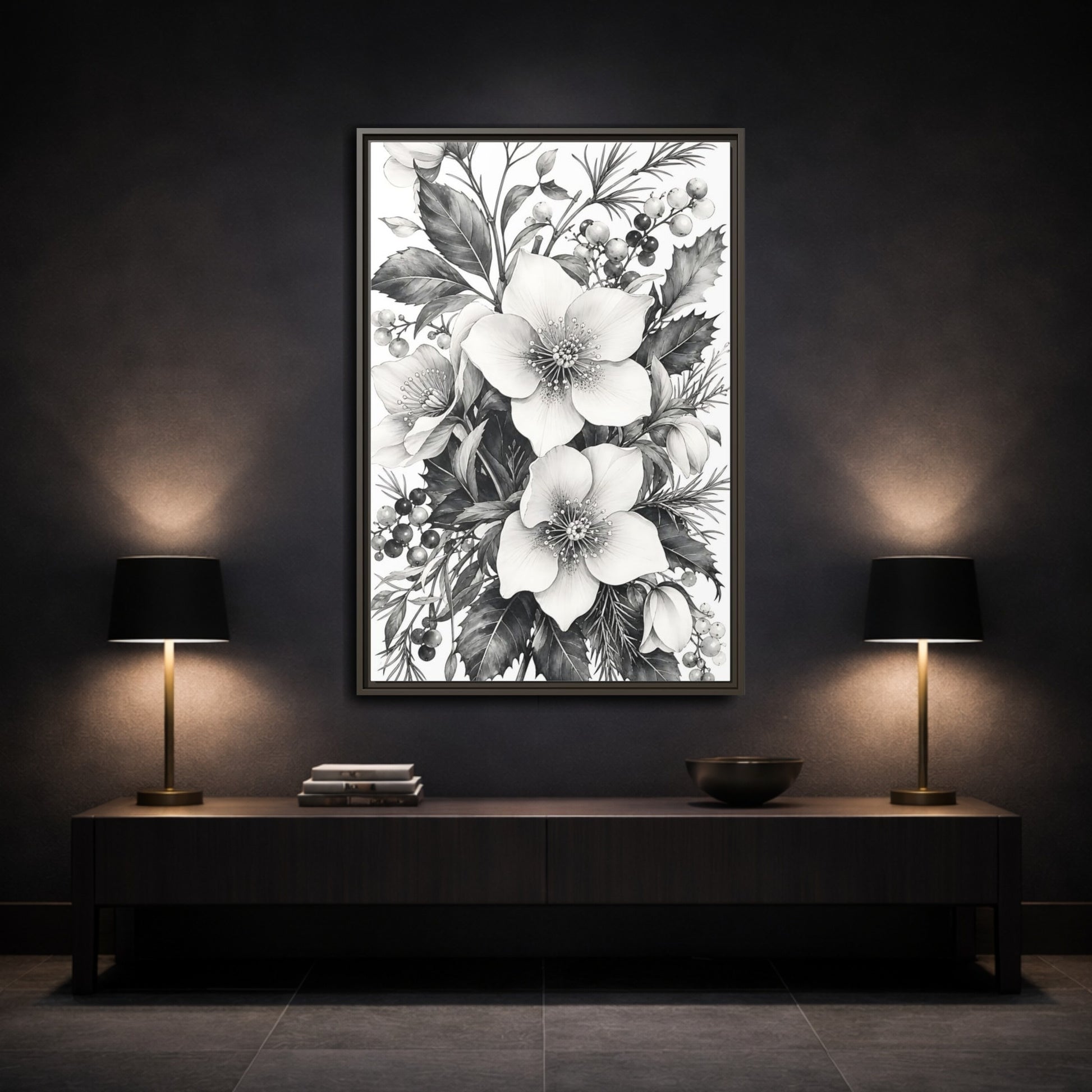 Mockup 3. Floral Hellebore Flowers Black And White Floral shown as framed canvas print