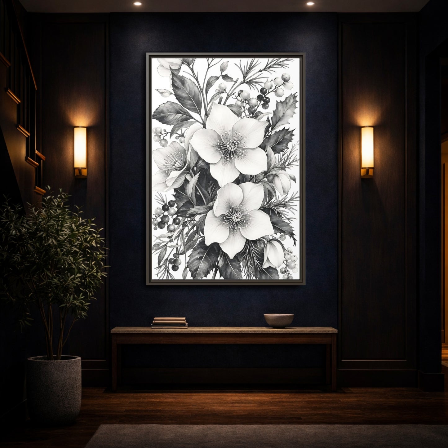 Mockup 4. Floral Hellebore Flowers Black And White Floral shown as framed canvas print