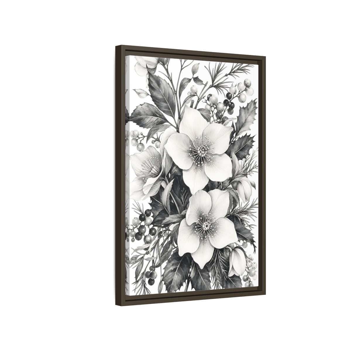 Floral Hellebore Flowers Black And White Framed Canvas Print – Botanical Living Room, Above Couch - YesArtYes