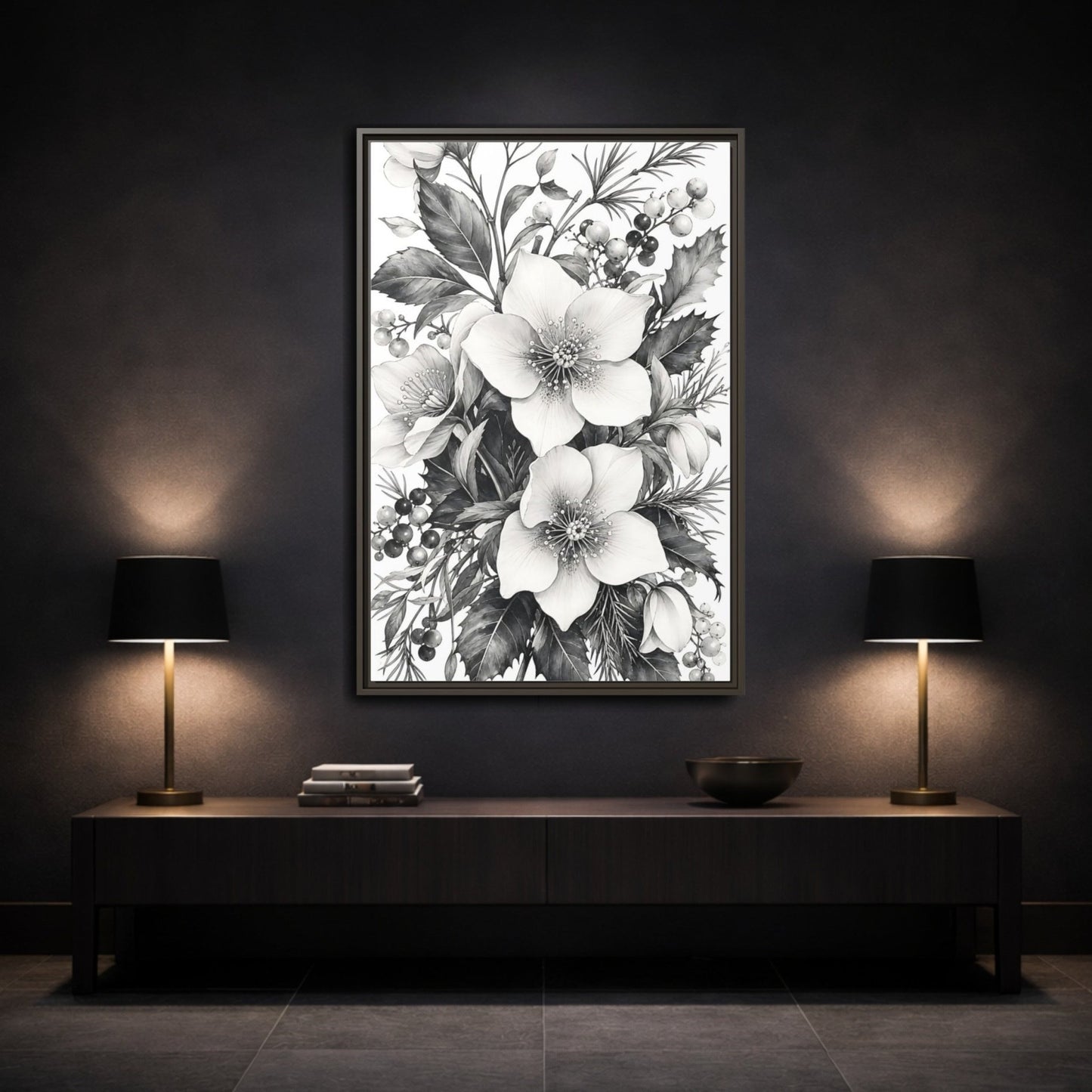 Floral Hellebore Flowers Black And White Framed Canvas Print – Botanical Living Room, Above Couch - YesArtYes