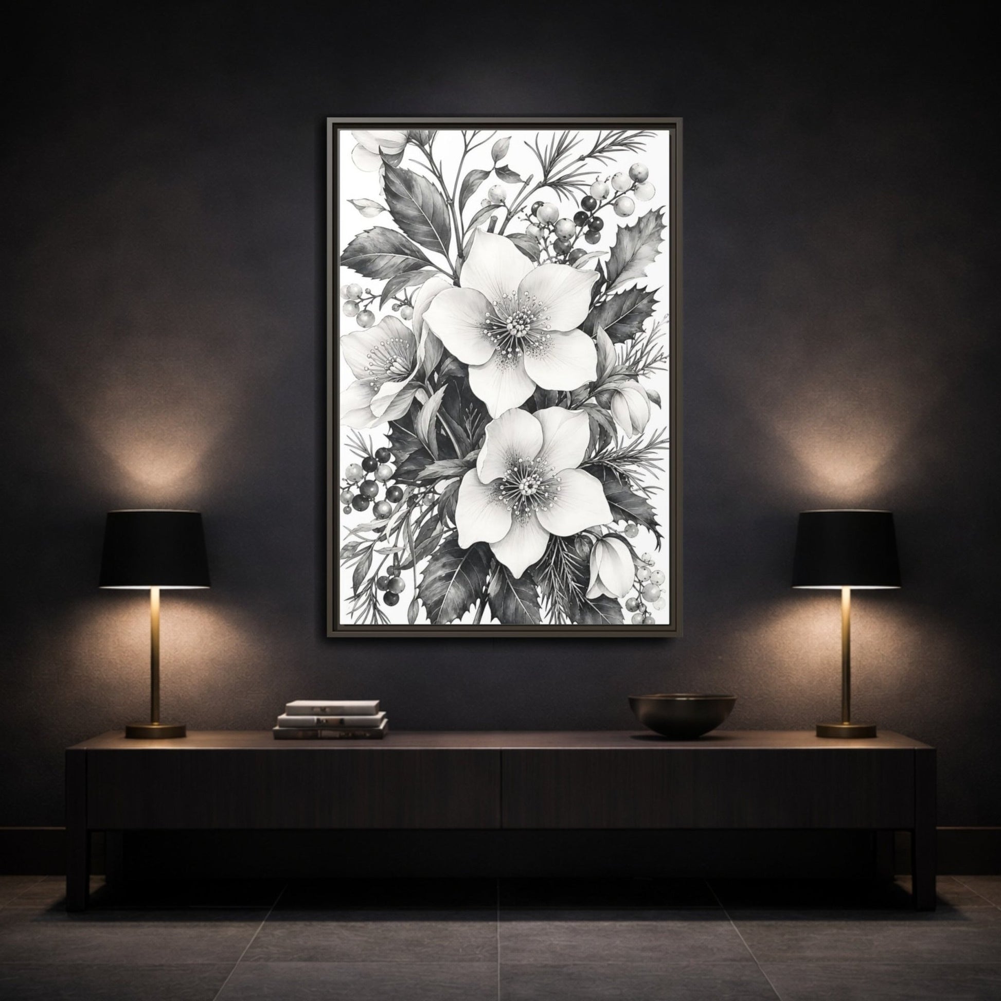 Floral Hellebore Flowers Black And White Framed Canvas Print – Botanical Living Room, Above Couch - YesArtYes