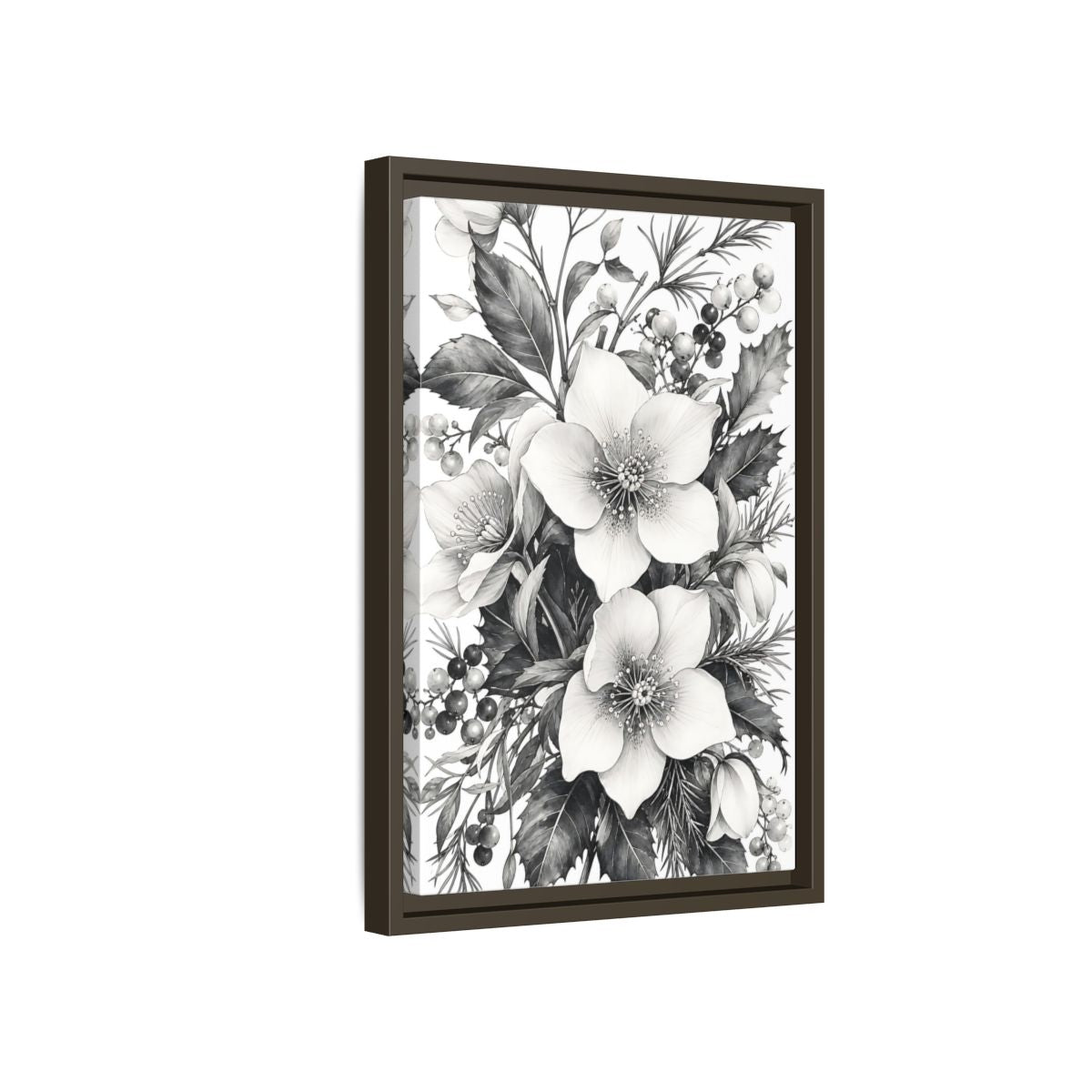 Side Mockup 5. Floral Hellebore Flowers Black And White Floral shown as framed canvas print