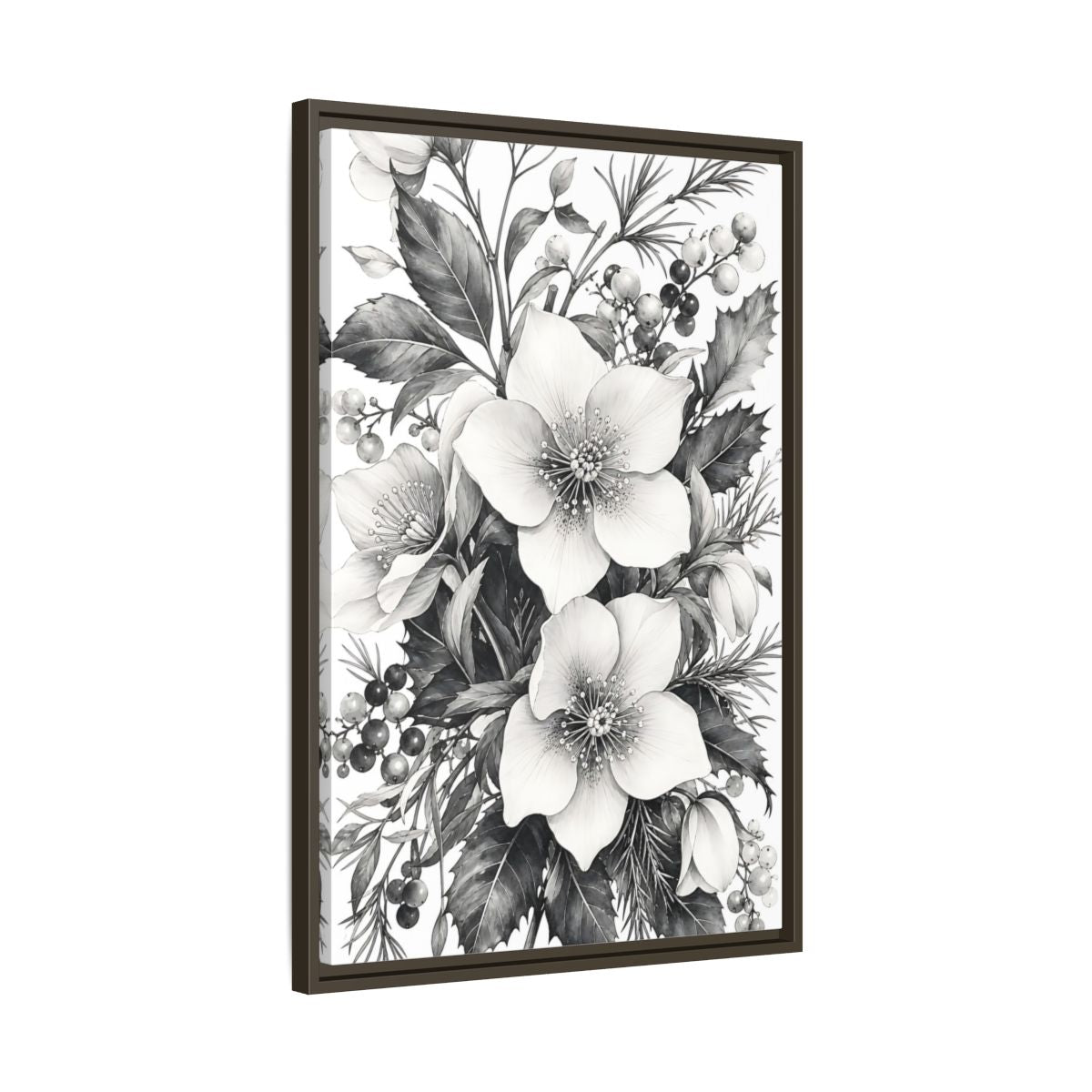 Side Mockup 11. Floral Hellebore Flowers Black And White Floral shown as framed canvas print