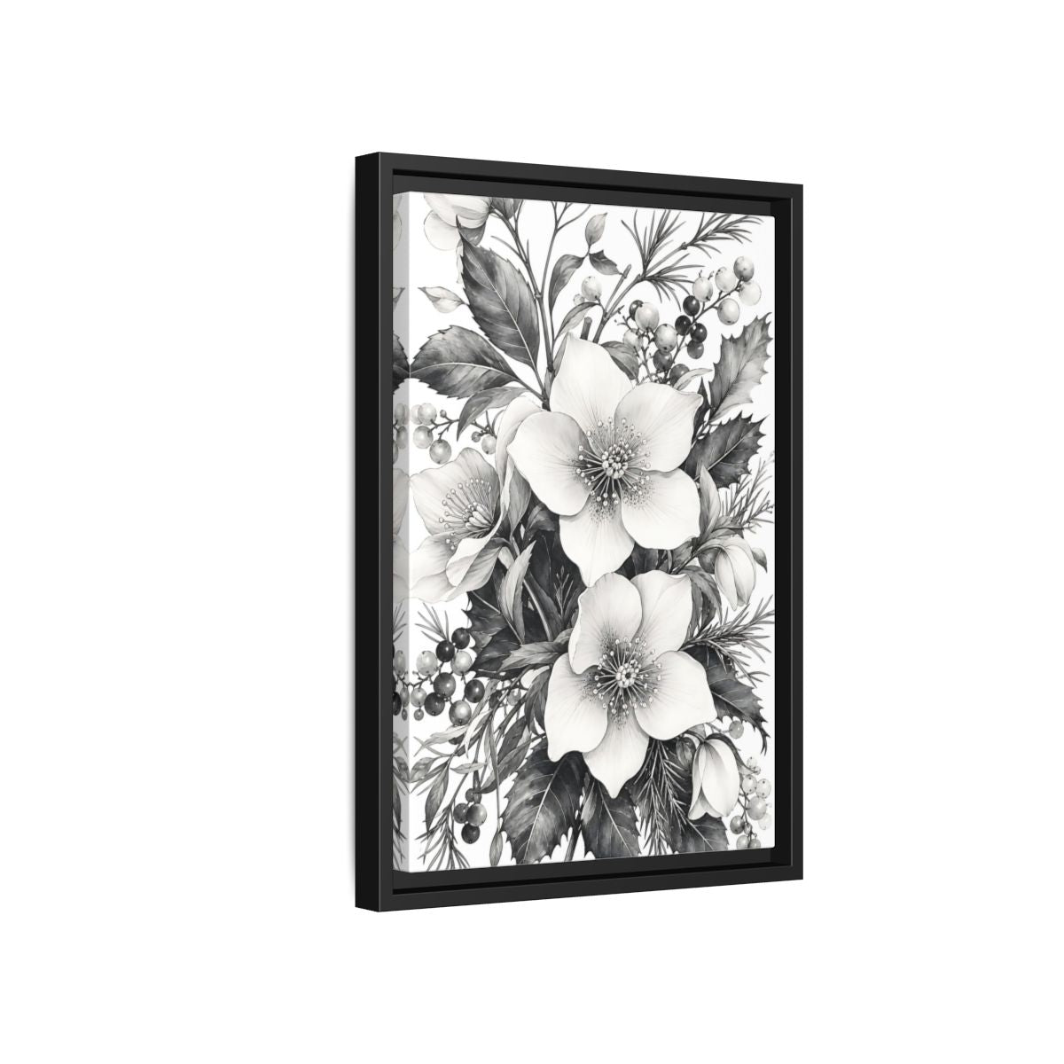 Side Mockup 6. Floral Hellebore Flowers Black And White Floral shown as framed canvas print
