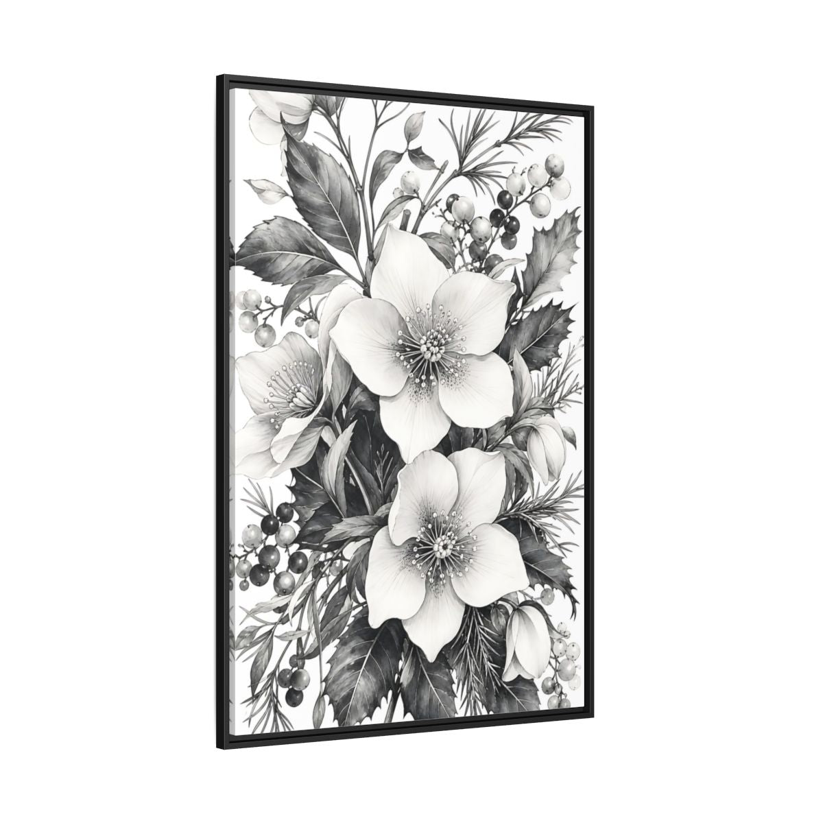 Side Mockup 12. Floral Hellebore Flowers Black And White Floral shown as framed canvas print