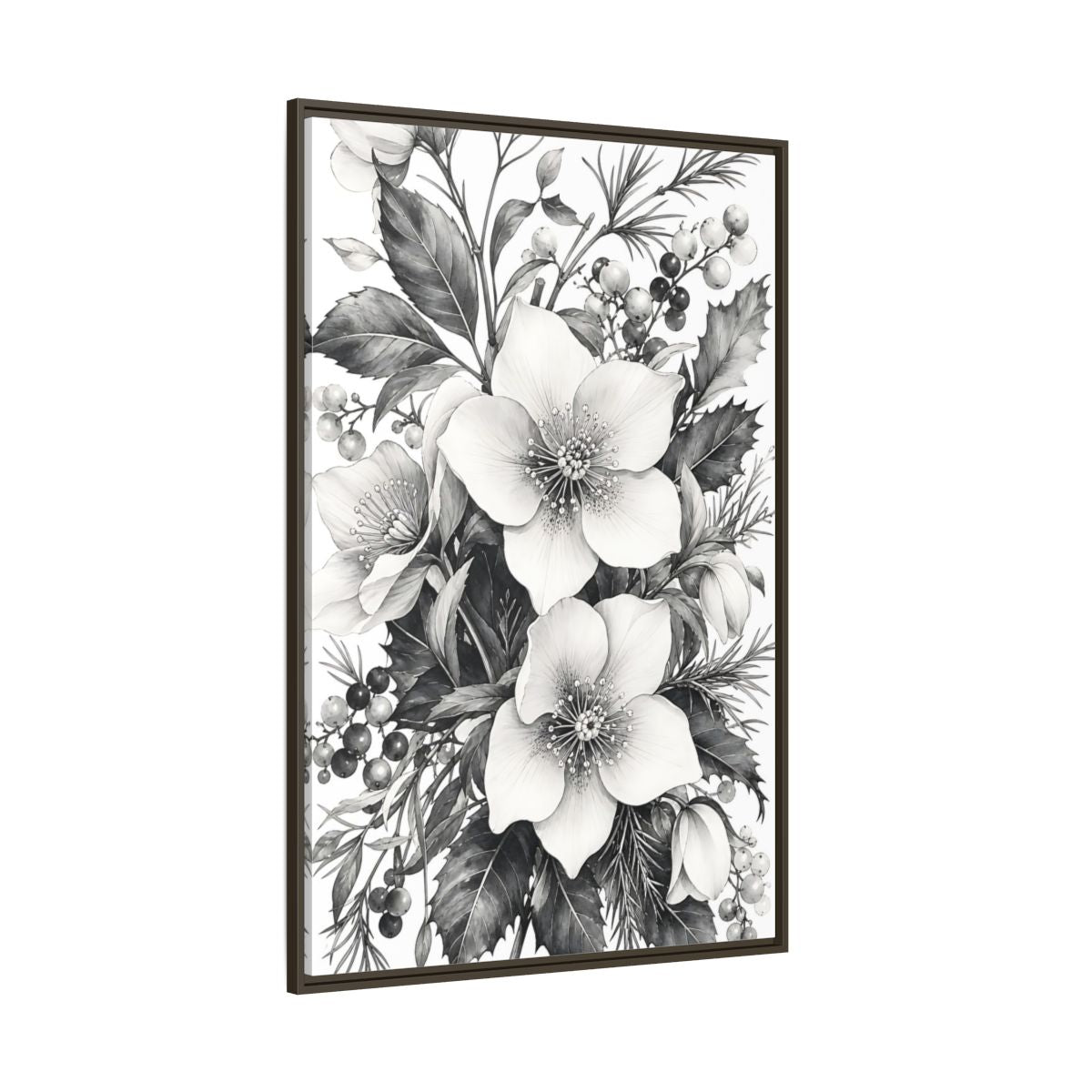 Side Mockup 8. Floral Hellebore Flowers Black And White Floral shown as framed canvas print