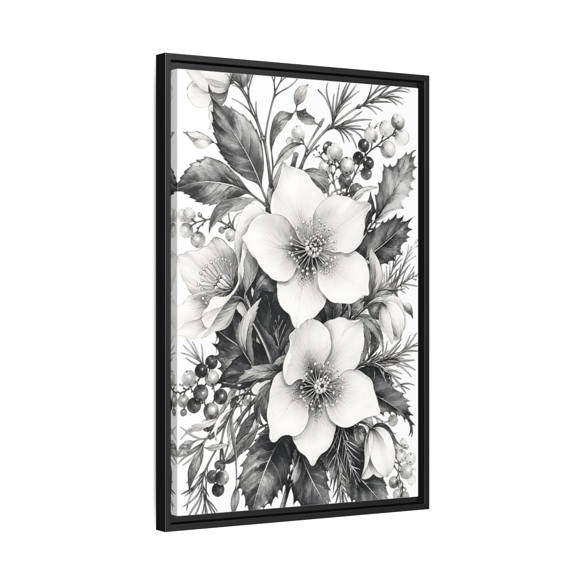 Side Mockup 14. Floral Hellebore Flowers Black And White Floral shown as framed canvas print