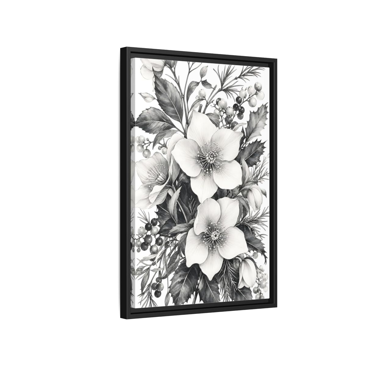 Side Mockup 3. Floral Hellebore Flowers Black And White Floral shown as framed canvas print