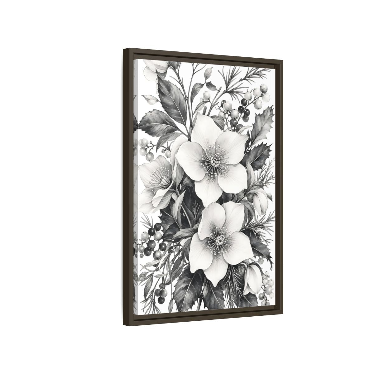 Side Mockup 2. Floral Hellebore Flowers Black And White Floral shown as framed canvas print